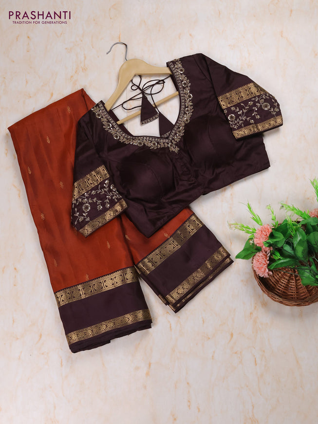Rust - Coffee Brown Pure Kanchipuram Silk Saree Embroidered Readymade Blouse