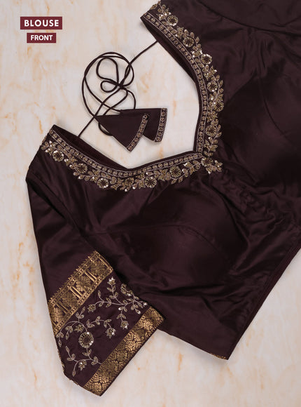 Rust - Coffee Brown Pure Kanchipuram Silk Saree Embroidered Readymade Blouse
