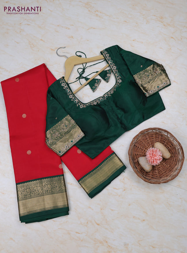 Red -Green Pure Kanchipuram Silk Saree Embroidered Readymade Blouse