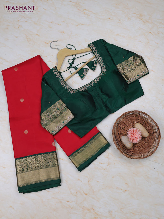 Red -Green Pure Kanchipuram Silk Saree Embroidered Readymade Blouse