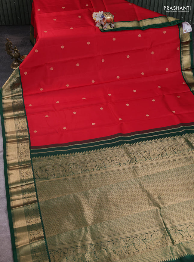 Red -Green Pure Kanchipuram Silk Saree Embroidered Readymade Blouse