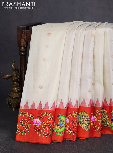 Pure Gadwal Silk Saree Off White and Orange with silver & gold zari woven buttas and temple design tanjore paint border