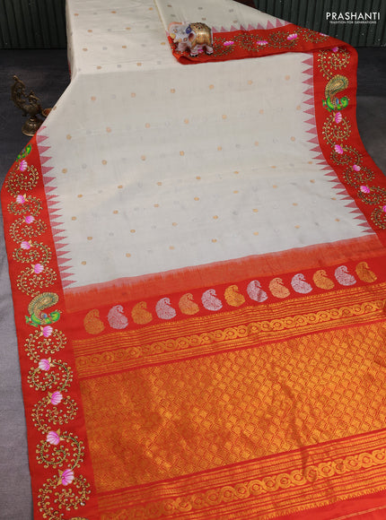 Pure Gadwal Silk Saree Off White and Orange with silver & gold zari woven buttas and temple design tanjore paint border