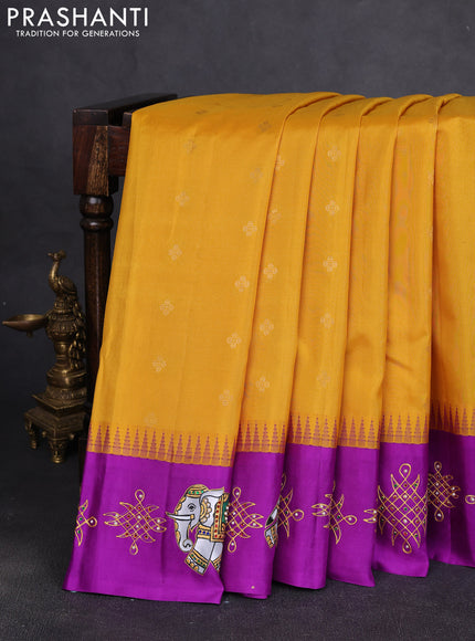 Pure Gadwal Silk Saree Yellow and Purple with zari woven buttas and temple design tanjore paint border