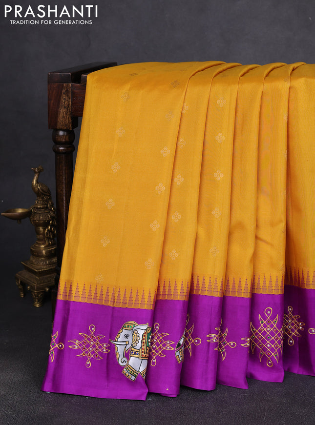 Pure Gadwal Silk Saree Yellow and Purple with zari woven buttas and temple design tanjore paint border