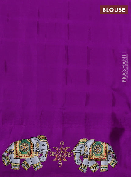 Pure Gadwal Silk Saree Yellow and Purple with zari woven buttas and temple design tanjore paint border