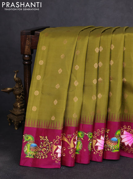 Pure Gadwal Silk Saree mehendi green and Purple with zari woven buttas and temple design tanjore paint border