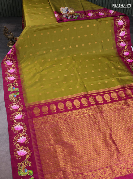 Pure Gadwal Silk Saree mehendi green and Purple with zari woven buttas and temple design tanjore paint border