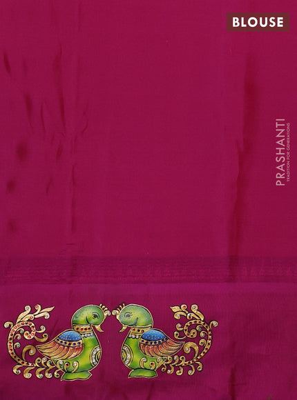Pure Gadwal Silk Saree mehendi green and Purple with zari woven buttas and temple design tanjore paint border