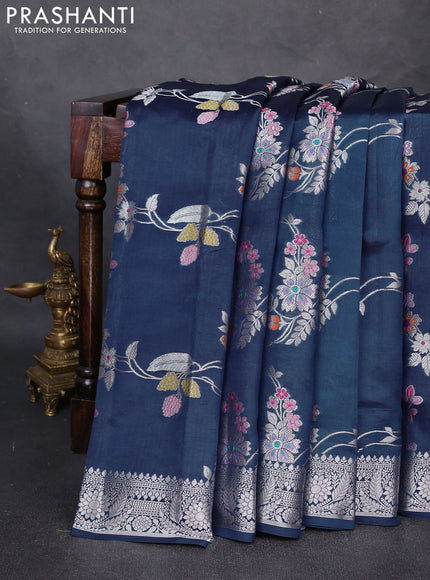 Poona Silk Saree navy blue with allover thread & zari weaves and zari woven border