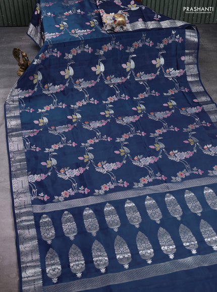 Poona Silk Saree navy blue with allover thread & zari weaves and zari woven border