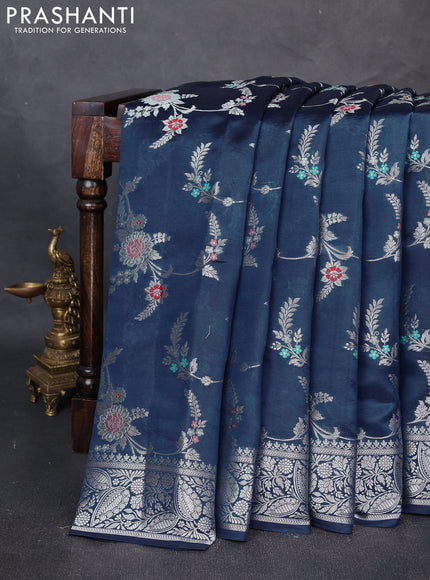 Poona Silk Saree peacock blue with allover thread & zari floral weaves and zari woven border
