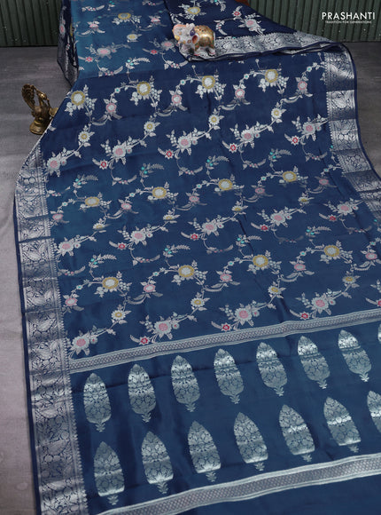 Poona Silk Saree peacock blue with allover thread & zari floral weaves and zari woven border
