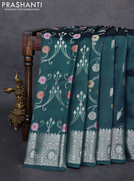 Poona Silk Saree peacock blue with allover thread & zari weaves and zari woven border