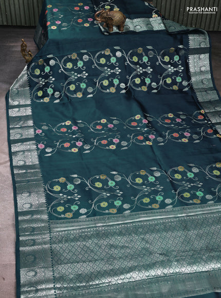 Poona Silk Saree peacock blue with allover thread & zari weaves and zari woven border