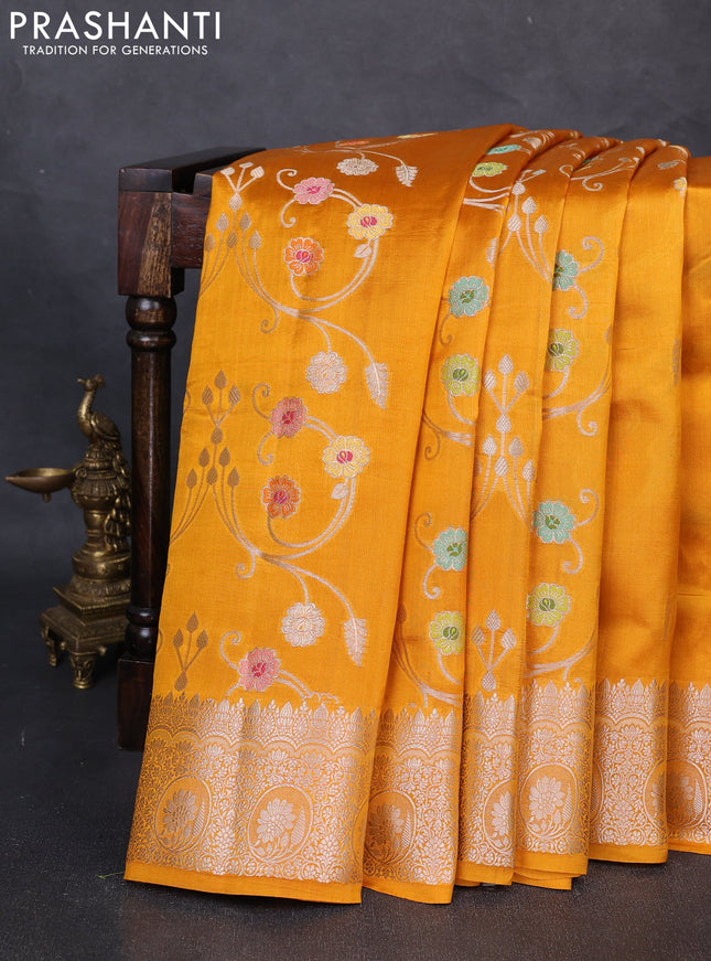 Poona Silk Saree mango yellow with allover thread & zari weaves and zari woven border