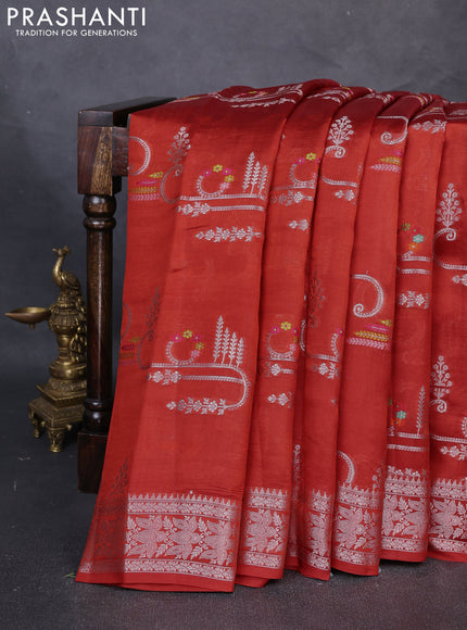 Poona Silk Saree rustic orange with allover thread & zari weaves and zari woven border