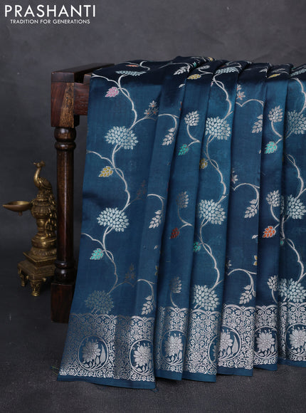 Poona Silk Saree peacock blue with allover thread & zari weaves and zari woven border