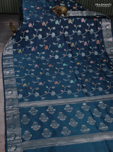 Poona Silk Saree peacock blue with allover thread & zari weaves and zari woven border
