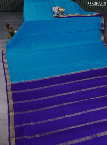 Pure Mysore Silk Saree cs blue and blue with plain body and zari woven border