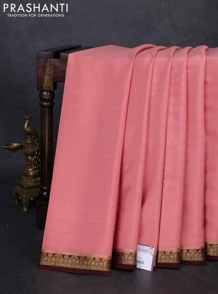 Pure Mysore Silk Saree Peach and coffee brown with plain body and zari woven border