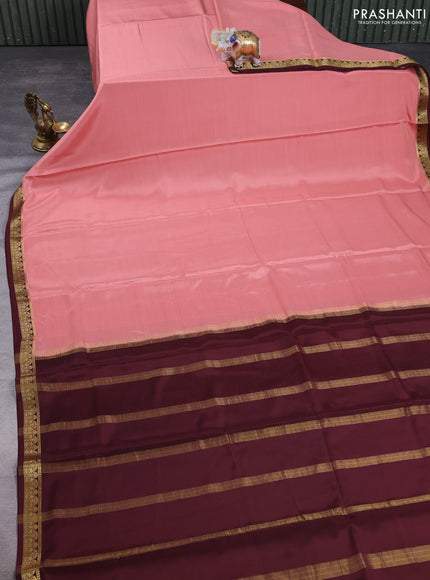 Pure Mysore Silk Saree Peach and coffee brown with plain body and zari woven border