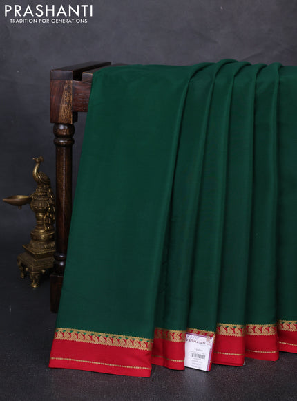 Pure Mysore Silk Saree bottle green and red with plain body and rettapet zari woven border