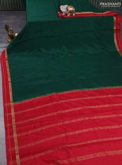 Pure Mysore Silk Saree bottle green and red with plain body and rettapet zari woven border