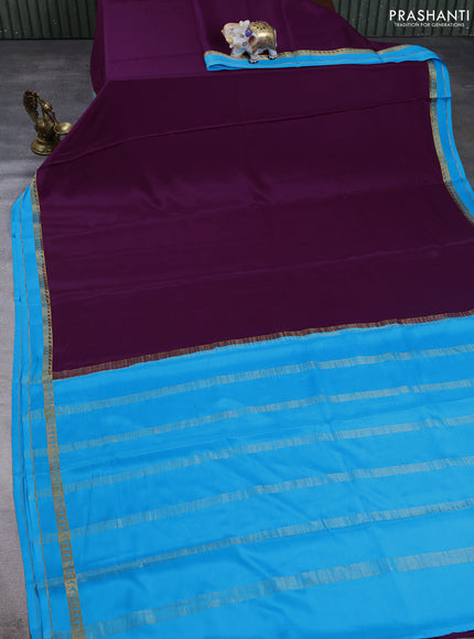 Pure Mysore Silk Saree purple and teal blue with plain body and rettapet zari woven border