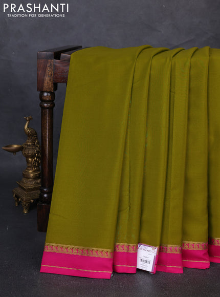 Pure Mysore Silk Saree mehendi green and pink with plain body and rettapet zari woven border