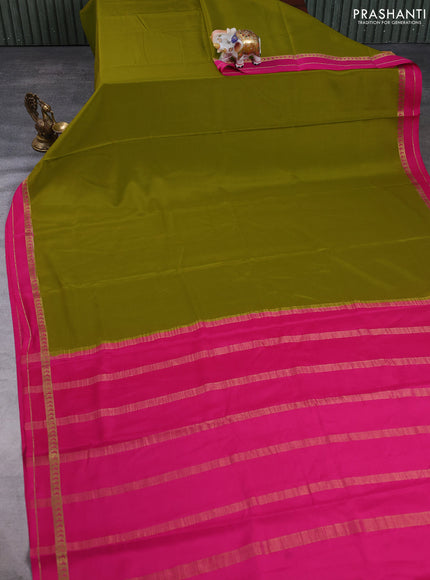 Pure Mysore Silk Saree mehendi green and pink with plain body and rettapet zari woven border