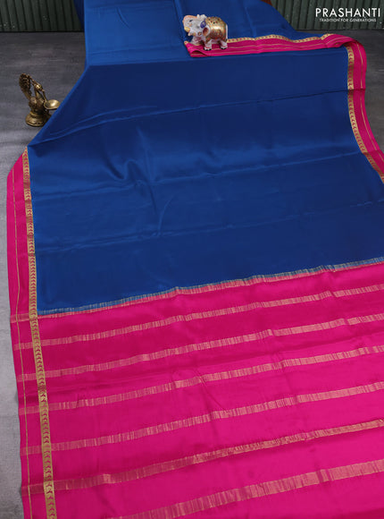 Pure Mysore Silk Saree peacock blue and pink with plain body and rettapet zari woven border