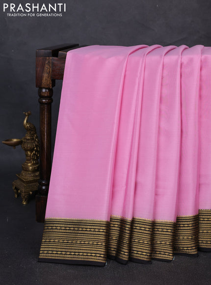 Pure Mysore Silk Saree lotus pink and black with plain body and zari woven border
