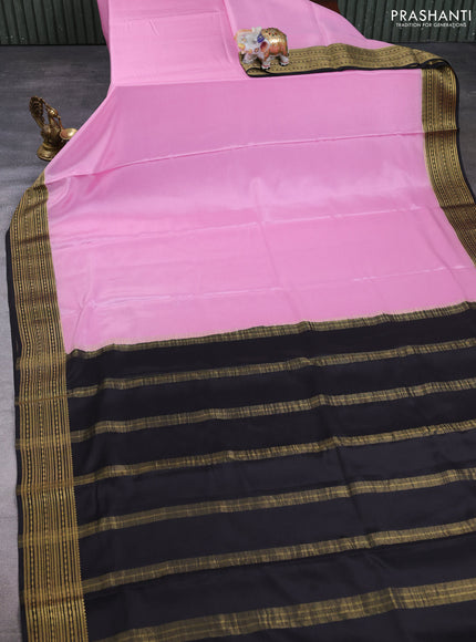 Pure Mysore Silk Saree lotus pink and black with plain body and zari woven border
