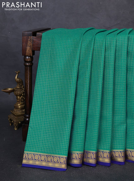 Pure Mysore Silk Saree teal green and blue with allover small zari woven checked pattern and zari woven border