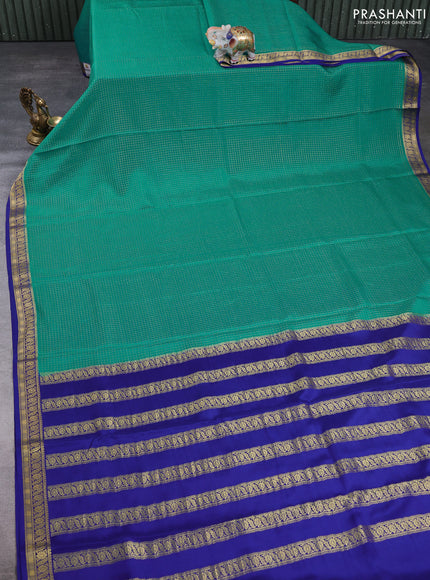 Pure Mysore Silk Saree teal green and blue with allover small zari woven checked pattern and zari woven border