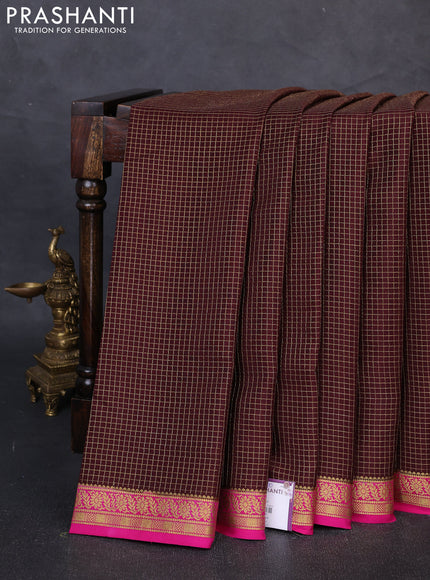 Pure Mysore Silk Saree coffee brown and pink with allover small zari woven checked pattern and zari woven border