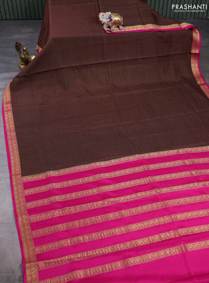 Pure Mysore Silk Saree coffee brown and pink with allover small zari woven checked pattern and zari woven border