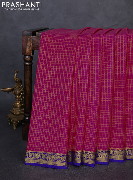 Pure Mysore Silk Saree magenta pink and blue with allover small zari woven checked pattern and zari woven border