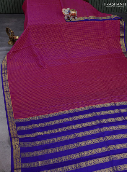 Pure Mysore Silk Saree magenta pink and blue with allover small zari woven checked pattern and zari woven border