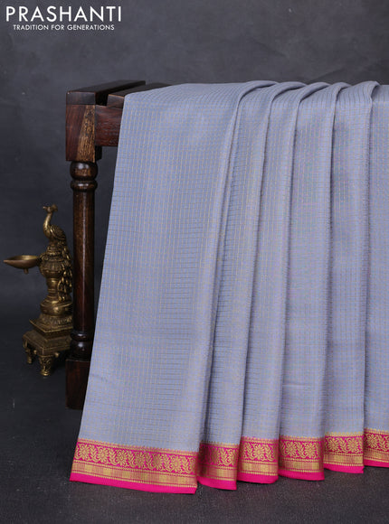 Pure Mysore Silk Saree grey and pink with allover small zari woven checked pattern and zari woven border
