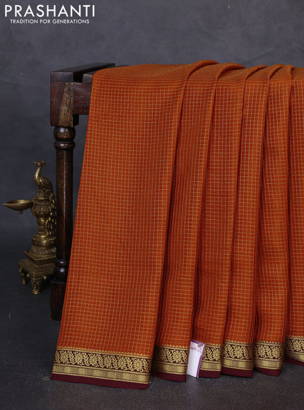 Pure Mysore Silk Saree rust shade and coffee brown with allover small zari woven checked pattern and zari woven border