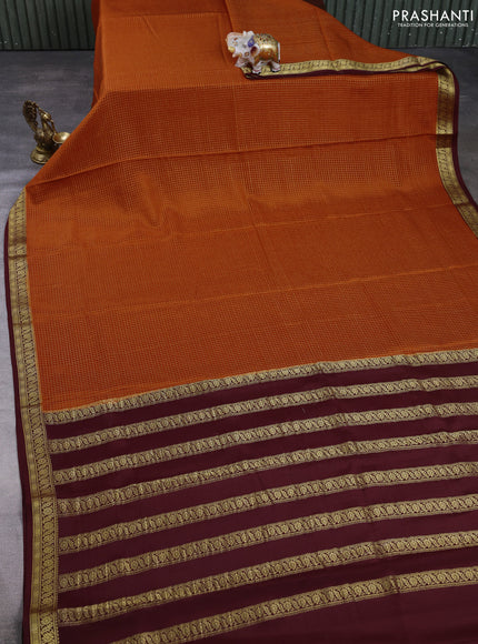 Pure Mysore Silk Saree rust shade and coffee brown with allover small zari woven checked pattern and zari woven border