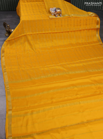Pure Mysore Silk Saree yellow with allover zari woven checked pattern and zari woven border