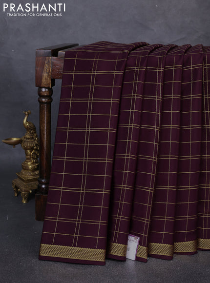 Pure Mysore Silk Saree wine with allover zari woven checked pattern and zari woven border