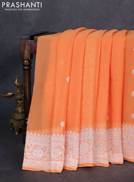 Banarasi Chiffon Saree orange with silver zari woven buttas and silver zari woven floral border