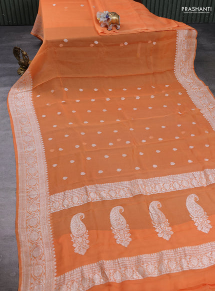 Banarasi Chiffon Saree orange with silver zari woven buttas and silver zari woven floral border