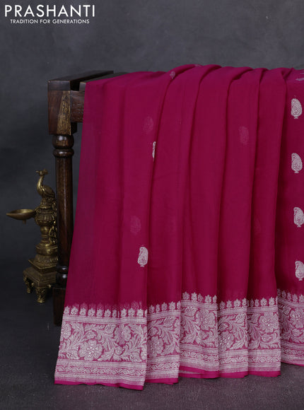 Banarasi Chiffon Saree pink with silver zari woven buttas and silver zari woven floral border