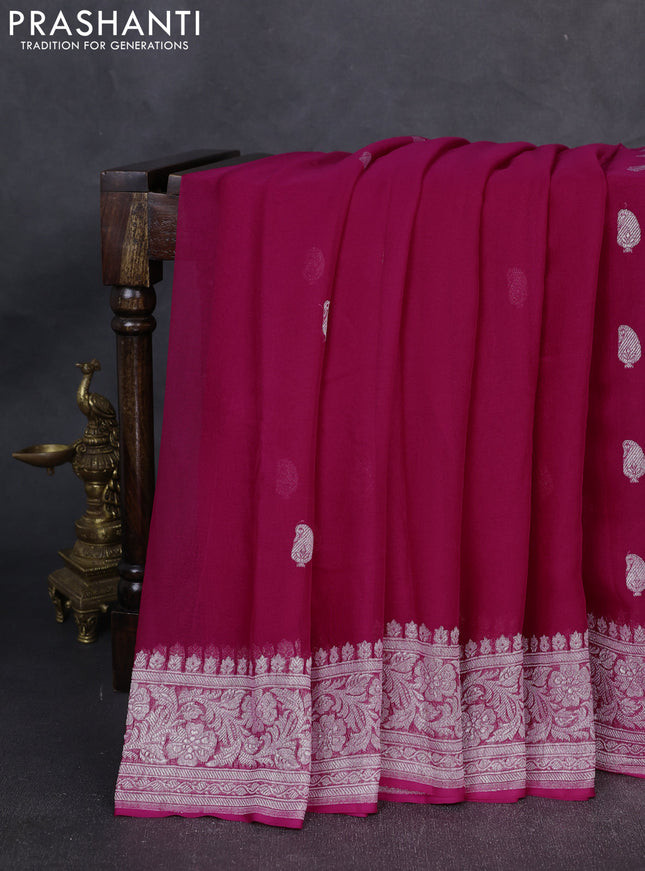Banarasi Chiffon Saree pink with silver zari woven buttas and silver zari woven floral border