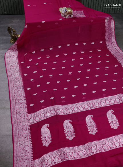 Banarasi Chiffon Saree pink with silver zari woven buttas and silver zari woven floral border
